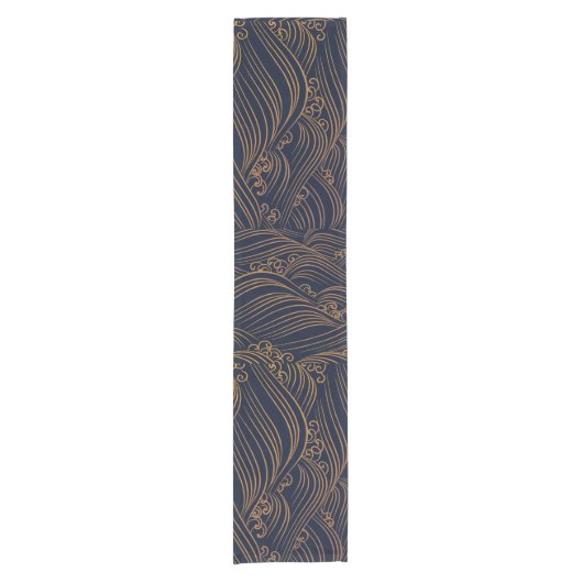 Japanse golven Pattern Navy Blue en Gold Brown Korte Tafelloper (Voorkant)