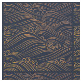 Japanse golven Pattern Navy Blue en Gold Brown Stof (Close Up)