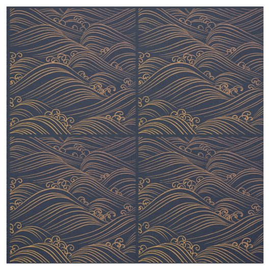 Japanse golven Pattern Navy Blue en Gold Brown Stof (Swatch)
