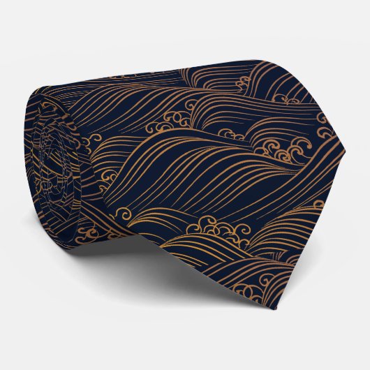 Japanse golven Pattern Navy Blue en Gold Brown Stropdas (Opgerold)