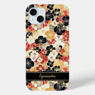 Japanse Gouden Bloempatroon met Monogram iPhone 15 Mini Hoesje