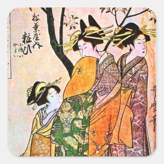 Japanse graving Drie Geisha 1911 Vierkante Sticker (Voorkant)