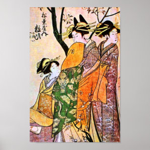 Japanse graving van Drie Geisha Poster