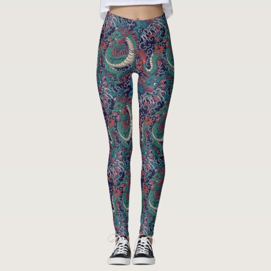 Japanse Groene Rode Draak Patroon Leggings (Voorkant)