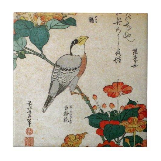 Japanse Grosbeak en Mirabilis Jalapa (Hokusai) Tegeltje (Voorkant)