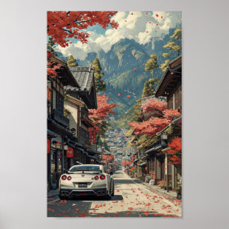 Japanse herfststraat met sportwagenposter poster