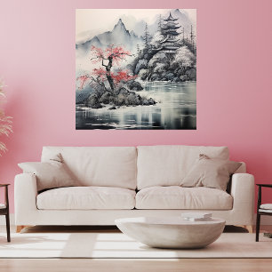 Japanse Hokusai Art Style Mountain Cherry Blossom Canvas Afdruk