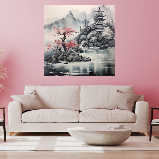 Japanse Hokusai Art Style Mountain Cherry Blossom Canvas Afdruk