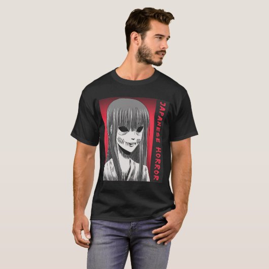 Japanse horror anime gestikte mond t-shirt (Voorkant volledig)