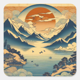Japanse Houtblok Berg Zonsondergang Tempel Meer Ku Vierkante Sticker