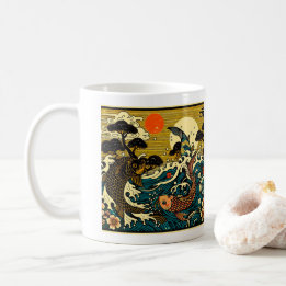 Japanse Houtblok Gouden Karper Pioen Golven Kunst Koffiemok