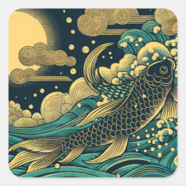 Japanse Houtblok Gouden Koi Vis Springende Golven Vierkante Sticker