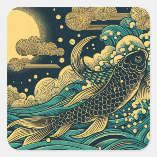 Japanse Houtblok Gouden Koi Vis Springende Golven Vierkante Sticker
