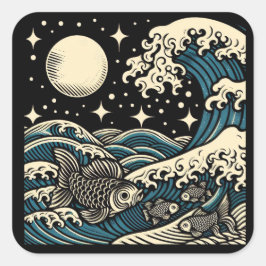 Japanse Houtblok Grote Golf Vis Sterrennacht Vierkante Sticker