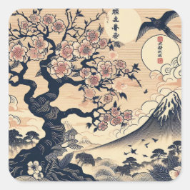 Japanse Houtblok-kersbloesem Kraanvogel Mount Fuji Vierkante Sticker