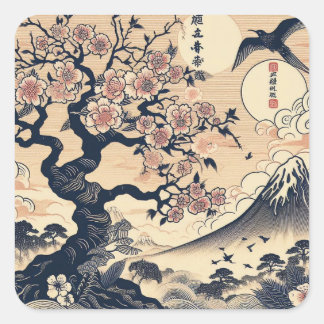 Japanse Houtblok-kersbloesem Kraanvogel Mount Fuji Vierkante Sticker