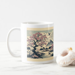 Japanse Houtblok Kersenbloesem Kraanvogel Mount Fu Koffiemok