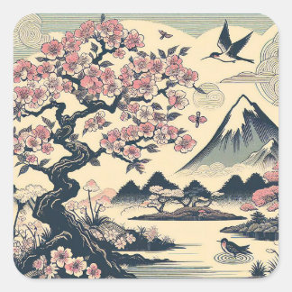 Japanse Houtblok Kersenbloesem Kraanvogel Mount Fu Vierkante Sticker