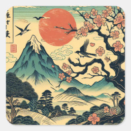 Japanse Houtblok Kersenbloesem Rode Zon Mount Fu Vierkante Sticker
