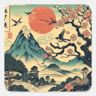 Japanse Houtblok Kersenbloesem Rode Zon Mount Fu Vierkante Sticker