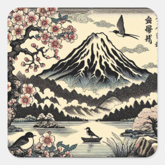 Japanse Houtblok Kersenbloesem Zon Mount Fuji Vierkante Sticker