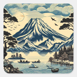 Japanse Houtblok Mount Fuji Meerboten Dennenboom Vierkante Sticker