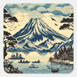 Japanse Houtblok Mount Fuji Meerboten Dennenboom Vierkante Sticker