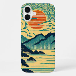 Japanse Houtblok Teal Bergen Oranje Zonsondergang iPhone 16 Plus Hoesje