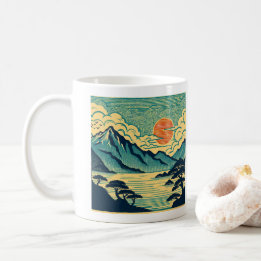 Japanse Houtblok Teal Bergen Oranje Zonsondergang Koffiemok