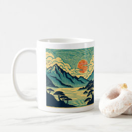 Japanse Houtblok Teal Bergen Oranje Zonsondergang Koffiemok
