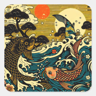 Japanse Houtblokprint Twee Koi Vissen Dennenboom Z Vierkante Sticker