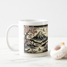 Japanse Houtsnede Kersenbloesem Zon Mount Fuji Koffiemok