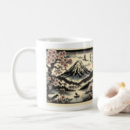 Japanse Houtsnede Kersenbloesem Zon Mount Fuji Koffiemok