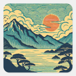 Japanse Houtsnede Theeblauwe Bergen Oranje Zonsond Vierkante Sticker