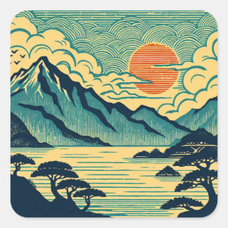 Japanse Houtsnede Theeblauwe Bergen Oranje Zonsond Vierkante Sticker