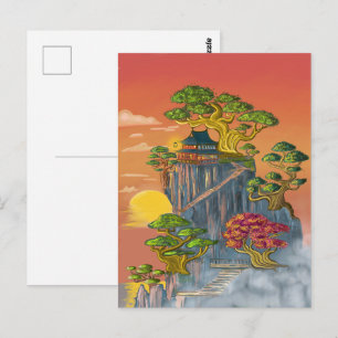 Japanse huis en bonsai op de rotsen. briefkaart