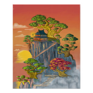 Japanse huis en bonsai op de rotsen. perfect poster