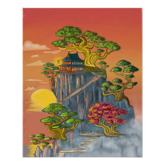 Japanse huis en bonsai op de rotsen. perfect poster