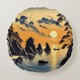 Japanse Ink Kust Sunset Beach Scene Rond Kussen