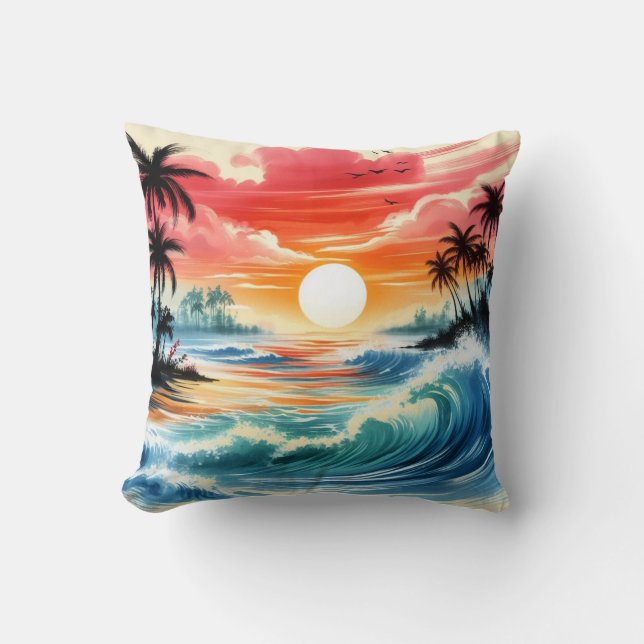 Japanse Ink Style Art Ocean Waves Sunset Palms Kussen (Voorkant)