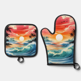 Japanse Ink Style Art Ocean Waves Sunset Palms Ovenwant & Pannenlap Set