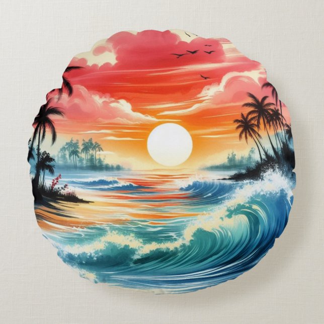 Japanse Ink Style Art Ocean Waves Sunset Palms Rond Kussen (Voorkant)