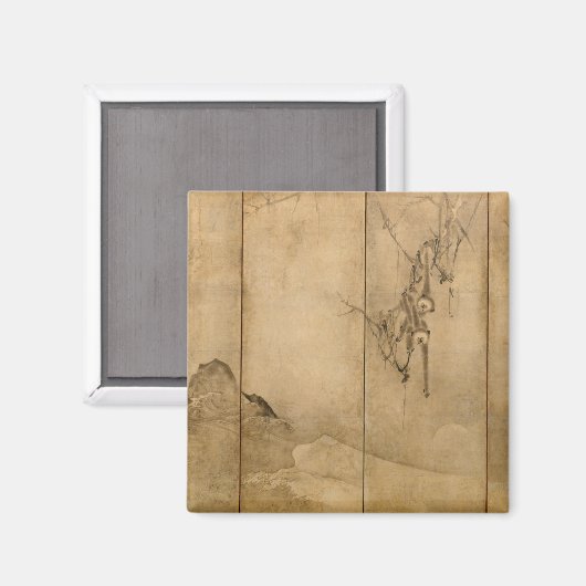 Japanse inkt op papier Gibbons Primates & Landscap Magneet (Voorkant / Achterkant)