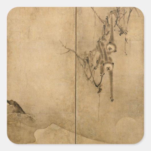 Japanse inkt op papier Gibbons Primates & Landscap Vierkante Sticker (Voorkant)