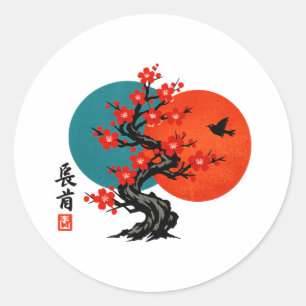 Japanse inktkunst van een pruimenbloesemboom ronde sticker