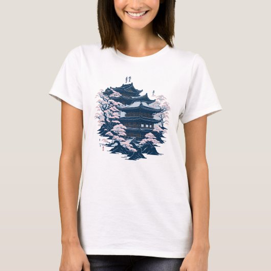 Japanse inktkunsttempel omringd door bomen t-shirt (Voorkant)