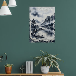 Japanse Inktwassing Berglandschap Sumi-e Fijne Kun Poster