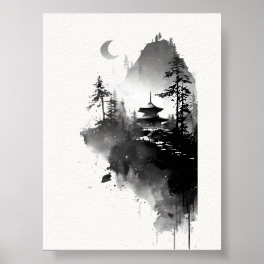 Japanse Inktwastafel Zen Pagode Landschapsposter Poster (Voorkant)