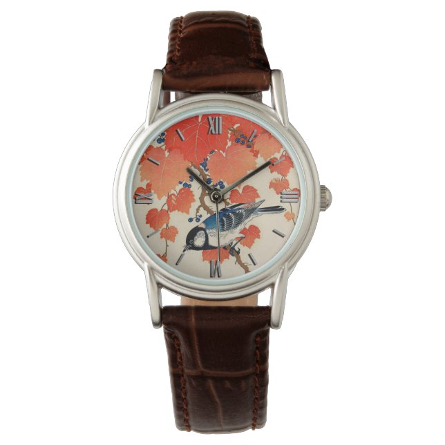  Japanse Jay Bird en Autumn Grapevine Horloge (Voorkant)