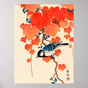  Japanse Jay Bird en Autumn Grapevine Poster